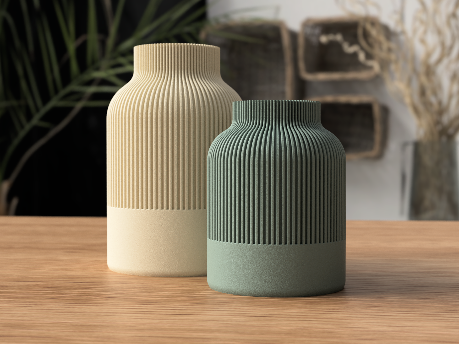 Vase Japandi fait main, vase épuré bicolore cannelé