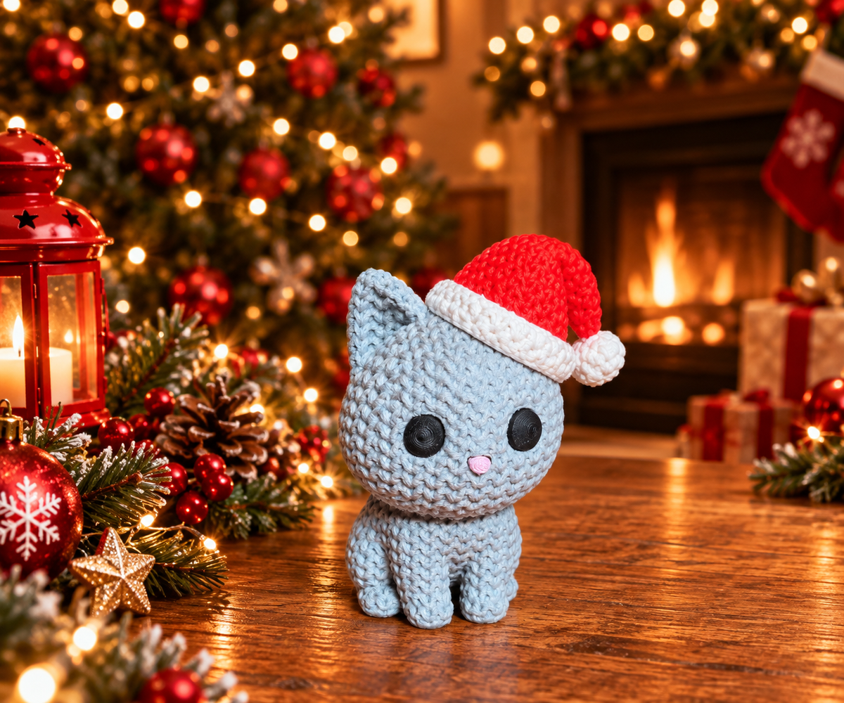 Figurine chat de Noël, détail de la truffe rose
