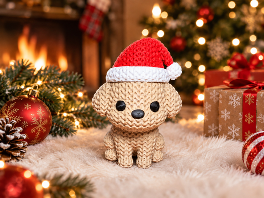 Figurine chien de Noël, caniche crème à bonnet rouge