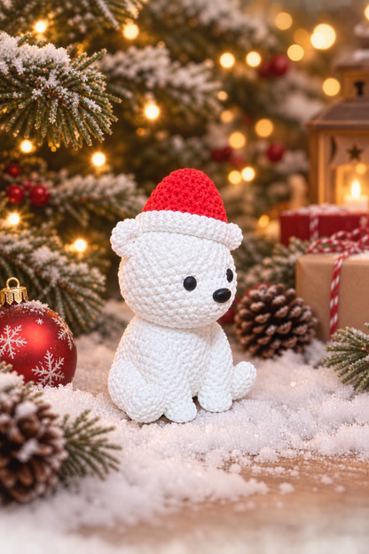 Figurine ours polaire de Noël, détail du bonnet
